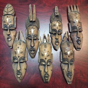 Hand Carved Wood & Bone 10"-11.5" African Folk Art Masks Set of 7